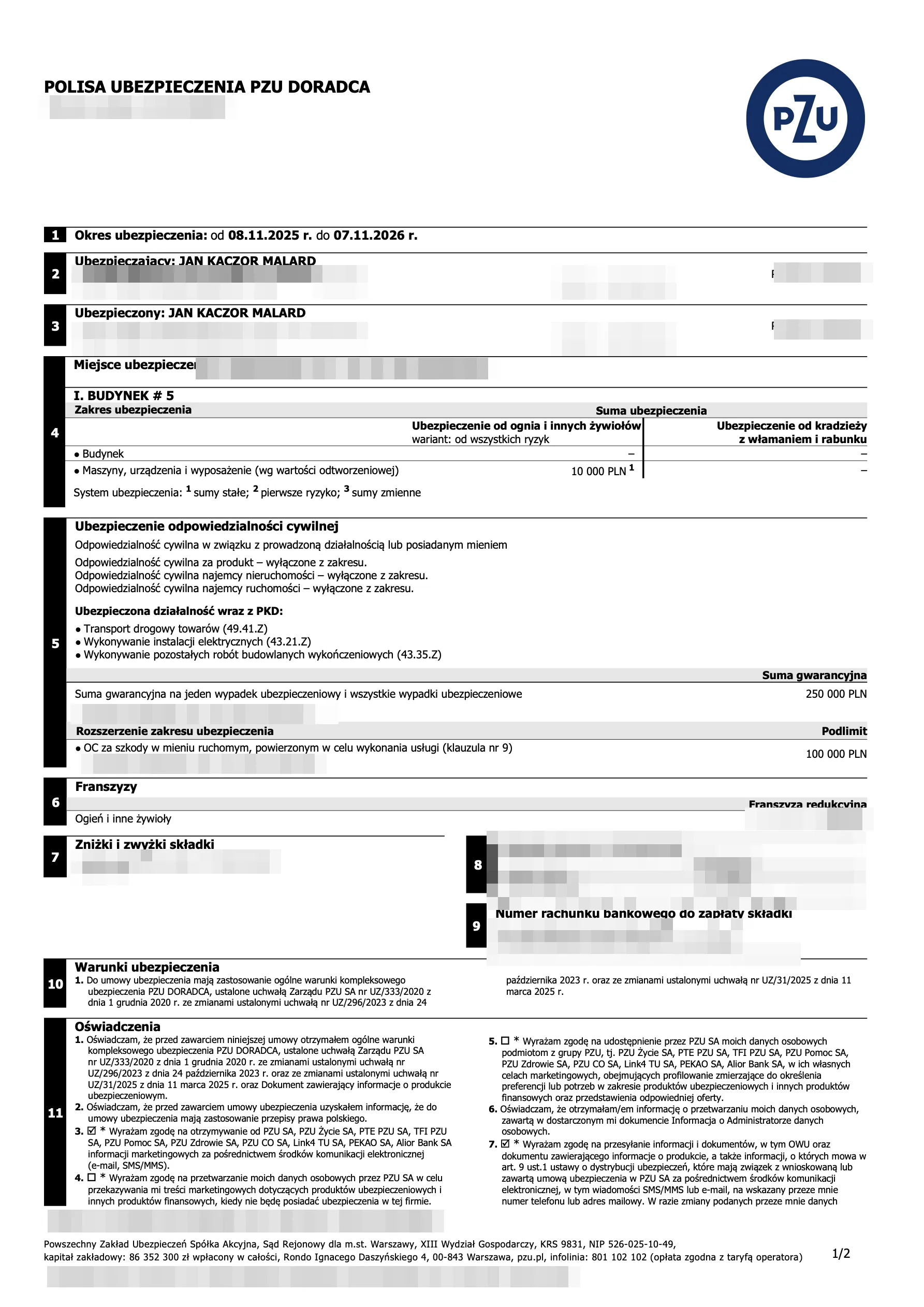 Pierwsza strona polisy ubezpieczenia OC PZU Doradca firmy Malard; numer polisy, adresy, składka i franszyzy są zamazane